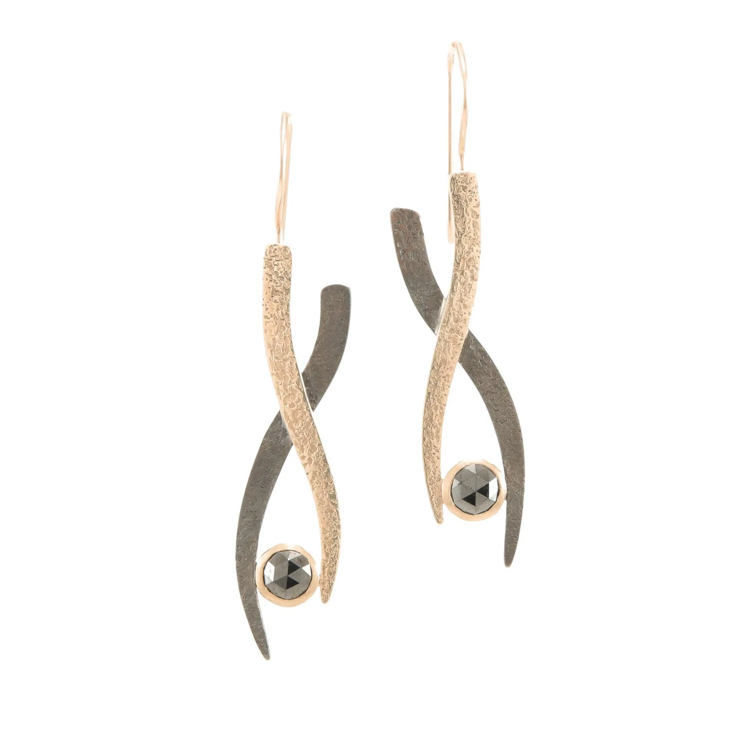 14K Gold & Sterling Silver Small Woven Earrings with Black Diamonds