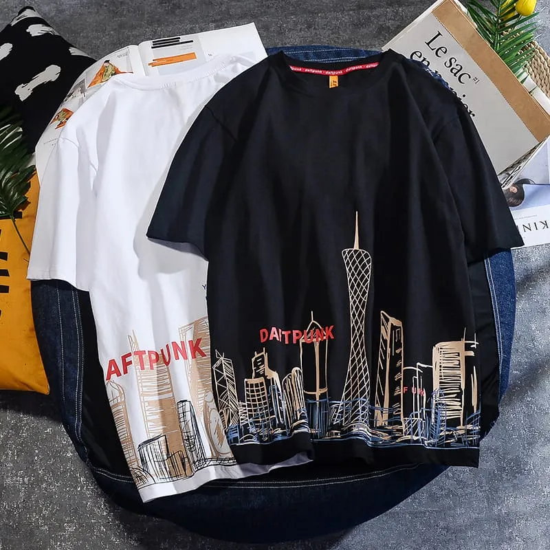 30 Pieces) Building Print Round Neck Short Sleeve T-Shirt