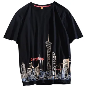 30 Pieces) Building Print Round Neck Short Sleeve T-Shirt