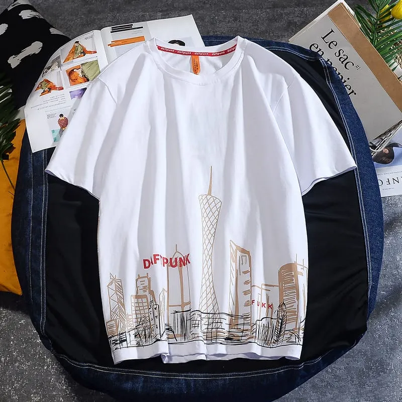 30 Pieces) Building Print Round Neck Short Sleeve T-Shirt