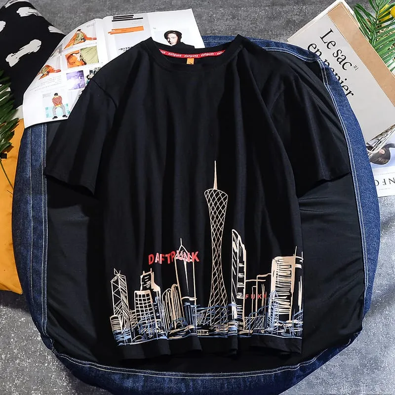 30 Pieces) Building Print Round Neck Short Sleeve T-Shirt