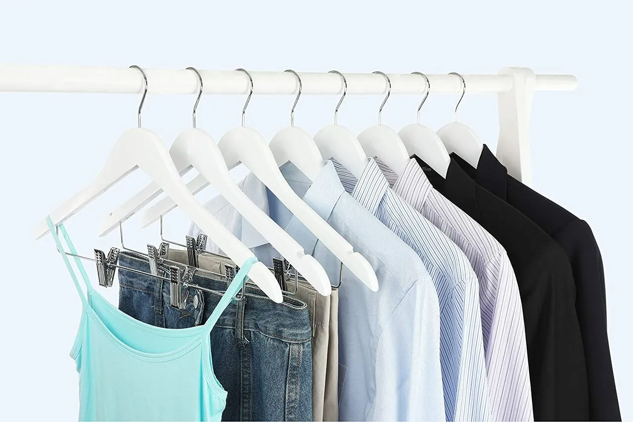 43cm White Wooden Combination Coat Hanger With Clips 12mm thick Sold in Bundle of 10/20/50