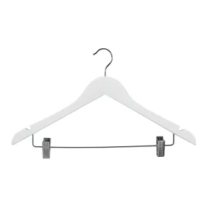 43cm White Wooden Combination Coat Hanger With Clips 12mm thick Sold in Bundle of 10/20/50