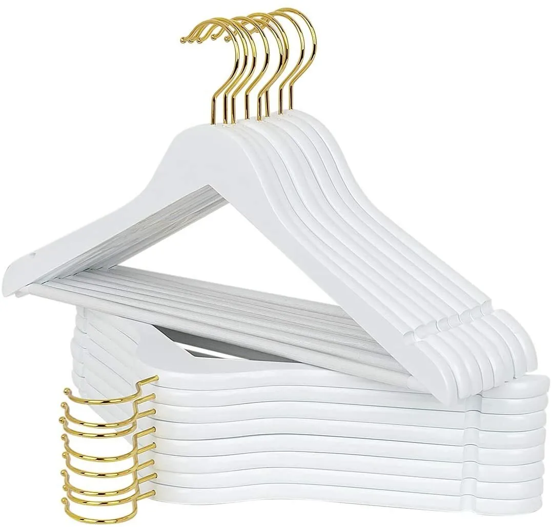 43cm White Wooden Suit Hanger With Bar 12mm Thick (Gold Hook) Sold in Bundle of 10/20/50