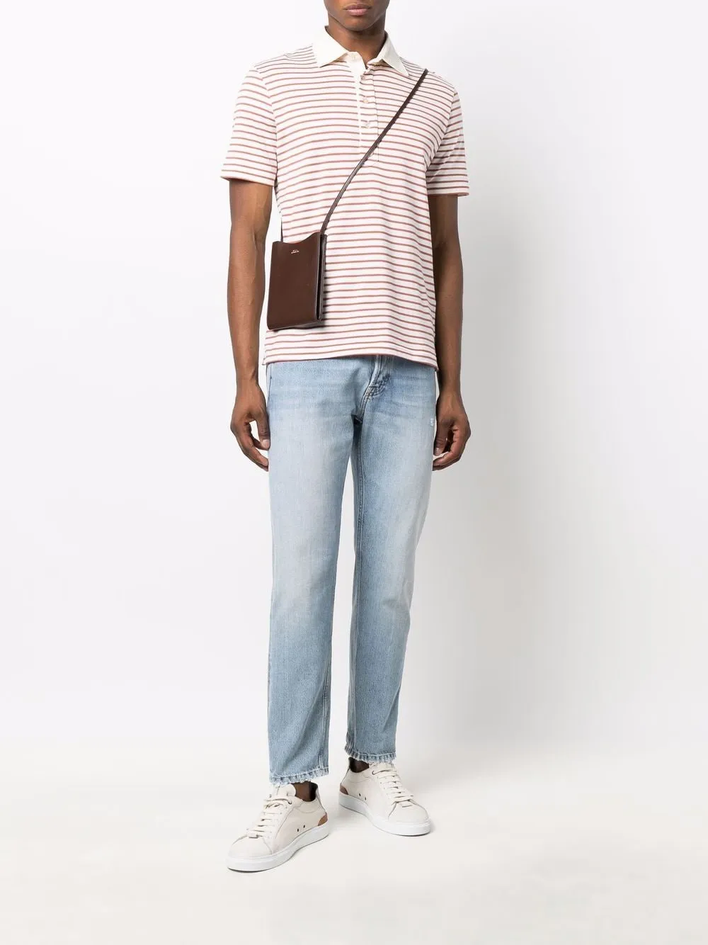 $575 ELEVENTY - Taupe Collar Red Stripe Polo Shirt - 3XL