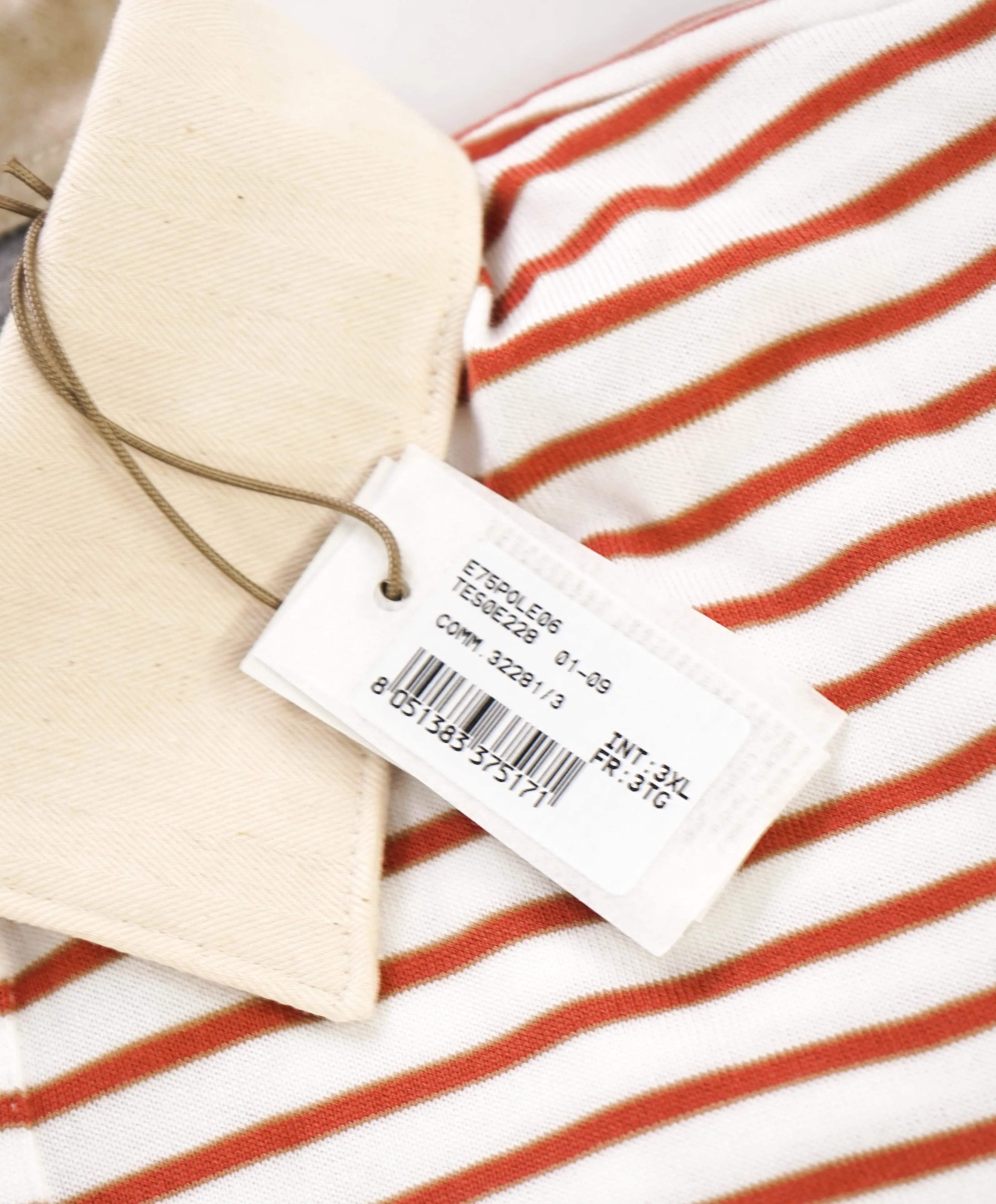 $575 ELEVENTY - Taupe Collar Red Stripe Polo Shirt - 3XL