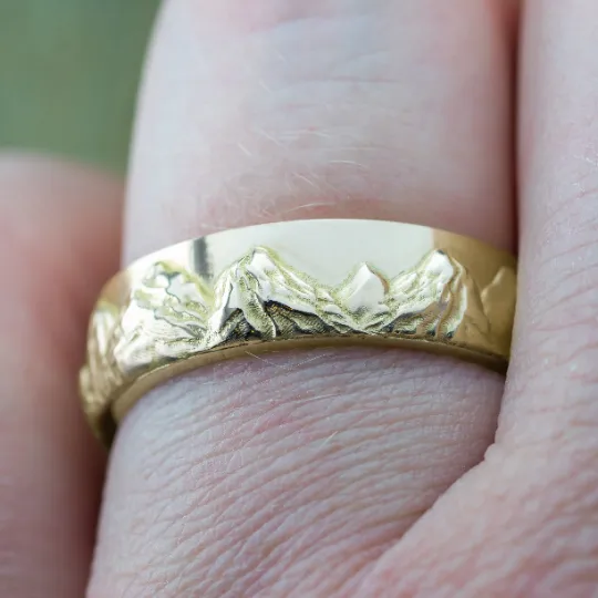 6mm Mountain Mens Wedding Ring, 14k Yellow Gold