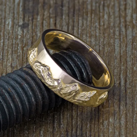 6mm Mountain Mens Wedding Ring, 14k Yellow Gold