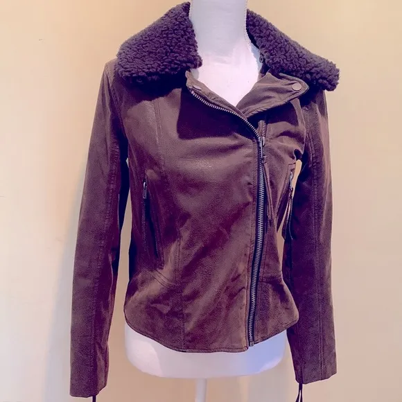 ABERCROMBIE AND FITCH Aviator Jacket Olive Green Faux Suede Moto Flight Boho M