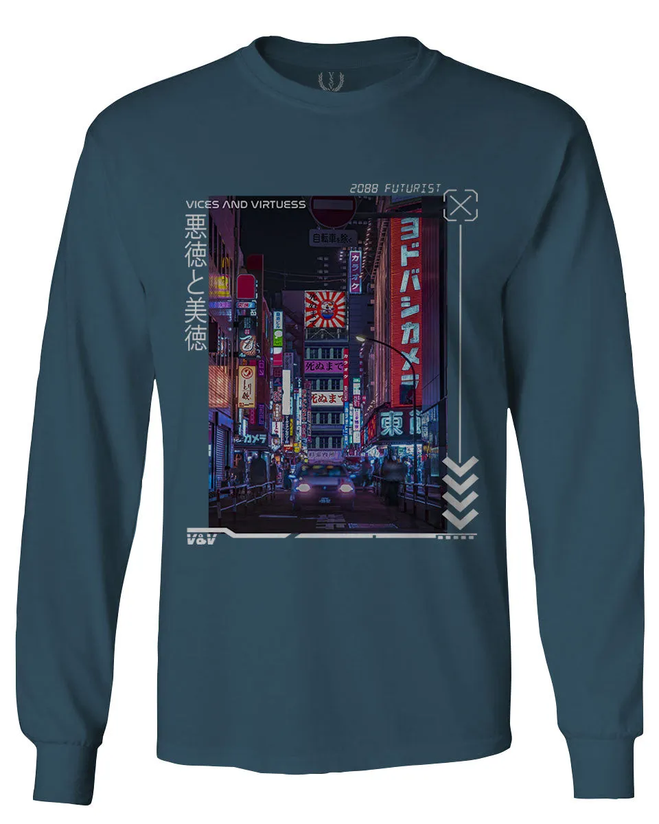 Aesthetic Japanese City Vaporwave Art Cyberpunk Retro Street wear mens Long sleeve t shirt
