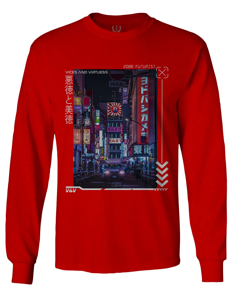 Aesthetic Japanese City Vaporwave Art Cyberpunk Retro Street wear mens Long sleeve t shirt
