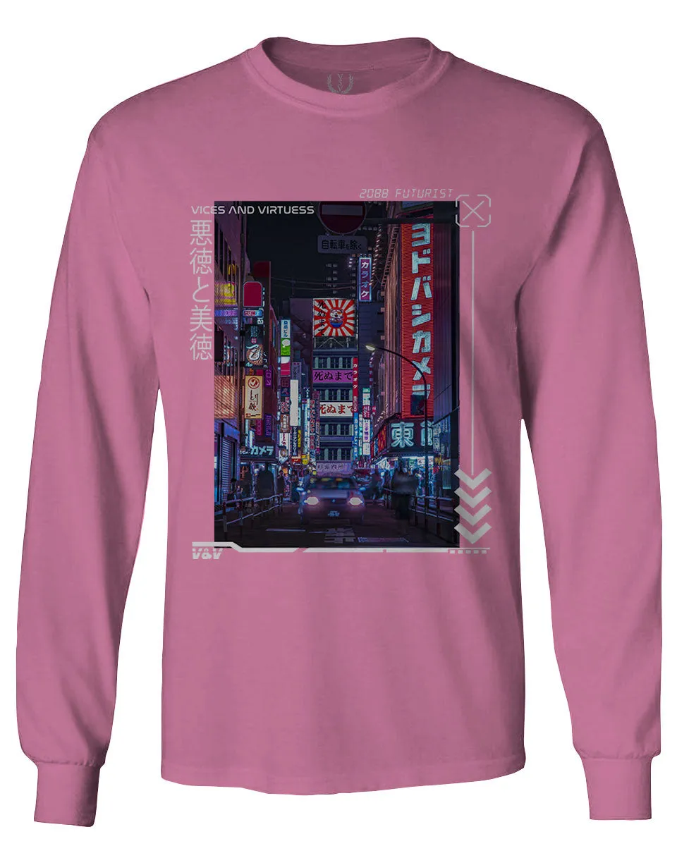 Aesthetic Japanese City Vaporwave Art Cyberpunk Retro Street wear mens Long sleeve t shirt