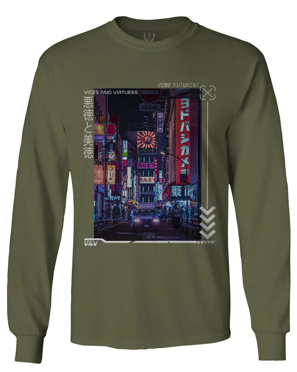 Aesthetic Japanese City Vaporwave Art Cyberpunk Retro Street wear mens Long sleeve t shirt