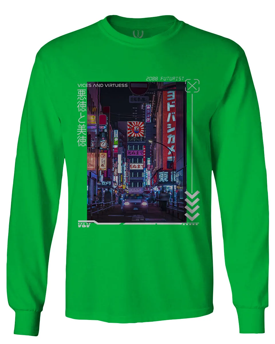 Aesthetic Japanese City Vaporwave Art Cyberpunk Retro Street wear mens Long sleeve t shirt