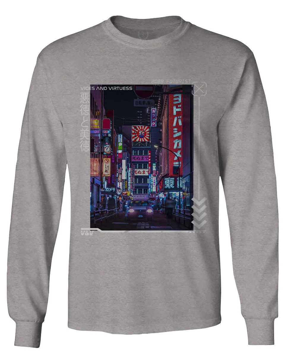 Aesthetic Japanese City Vaporwave Art Cyberpunk Retro Street wear mens Long sleeve t shirt