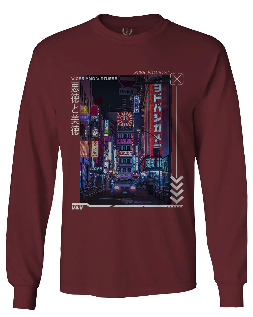 Aesthetic Japanese City Vaporwave Art Cyberpunk Retro Street wear mens Long sleeve t shirt