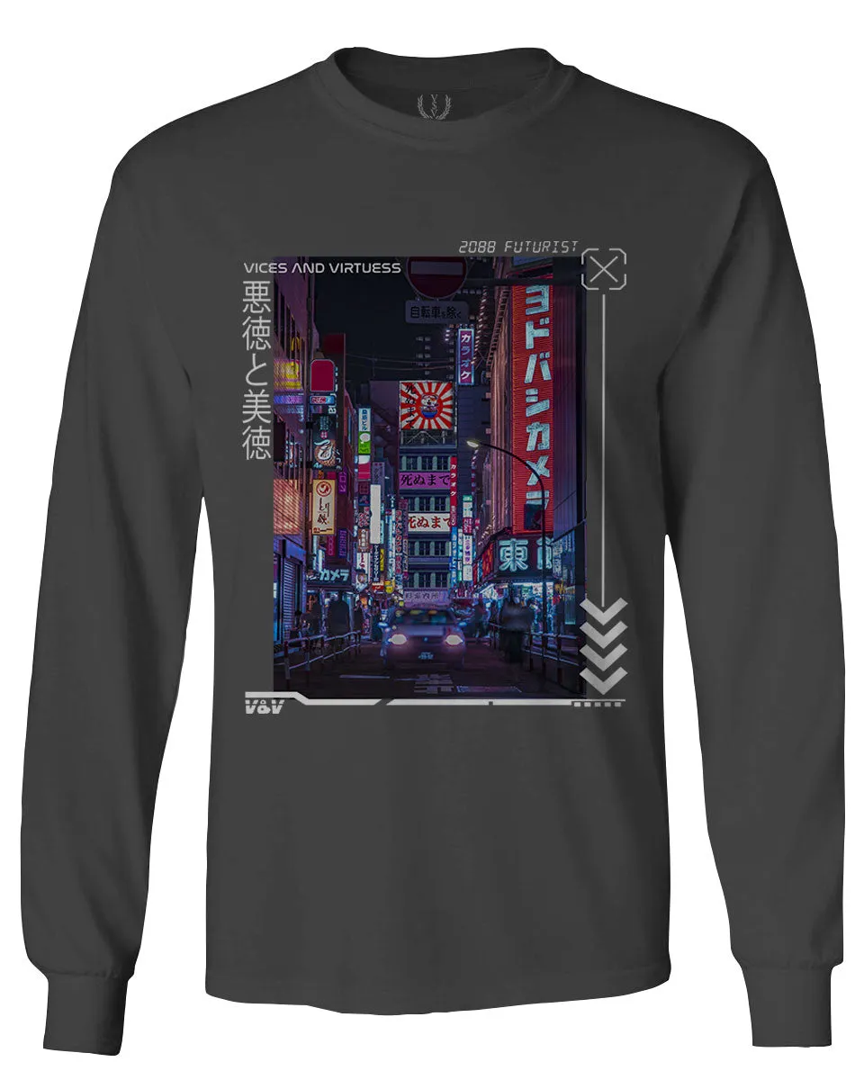 Aesthetic Japanese City Vaporwave Art Cyberpunk Retro Street wear mens Long sleeve t shirt