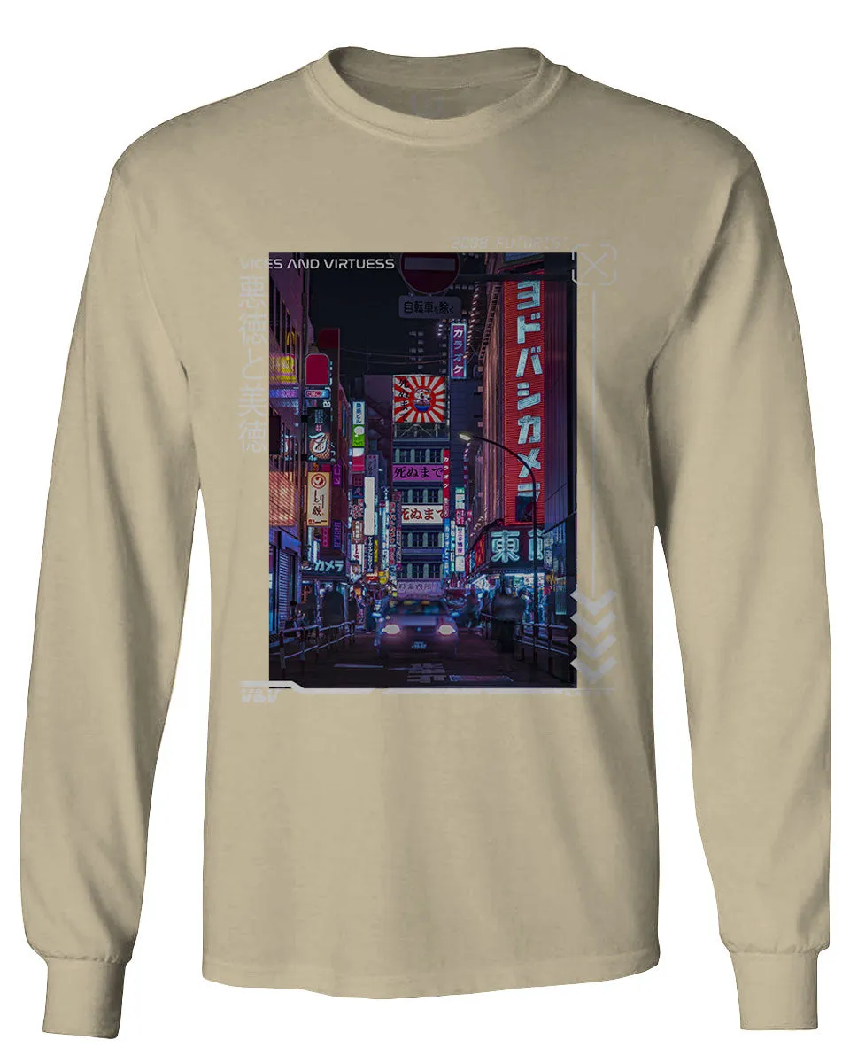 Aesthetic Japanese City Vaporwave Art Cyberpunk Retro Street wear mens Long sleeve t shirt