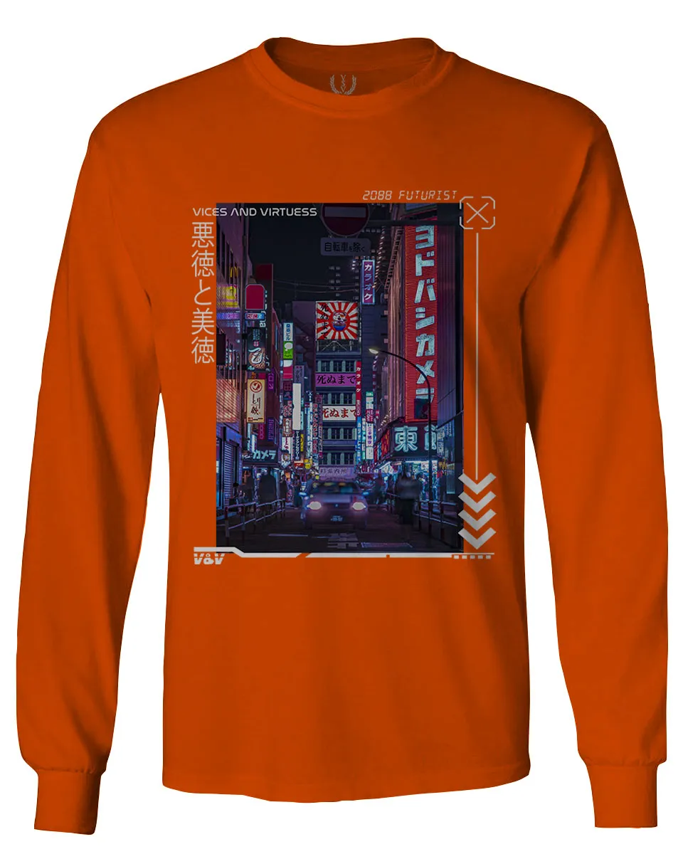 Aesthetic Japanese City Vaporwave Art Cyberpunk Retro Street wear mens Long sleeve t shirt