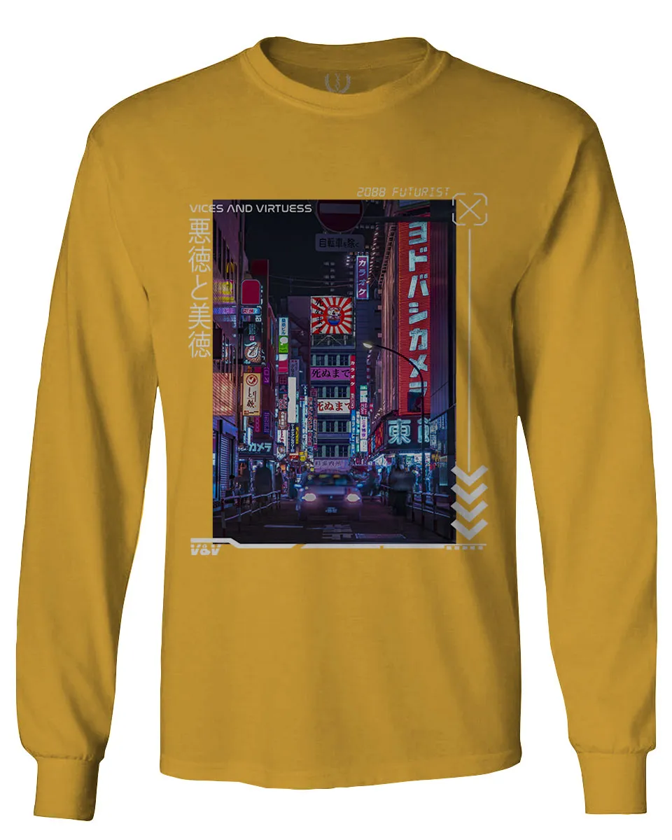 Aesthetic Japanese City Vaporwave Art Cyberpunk Retro Street wear mens Long sleeve t shirt