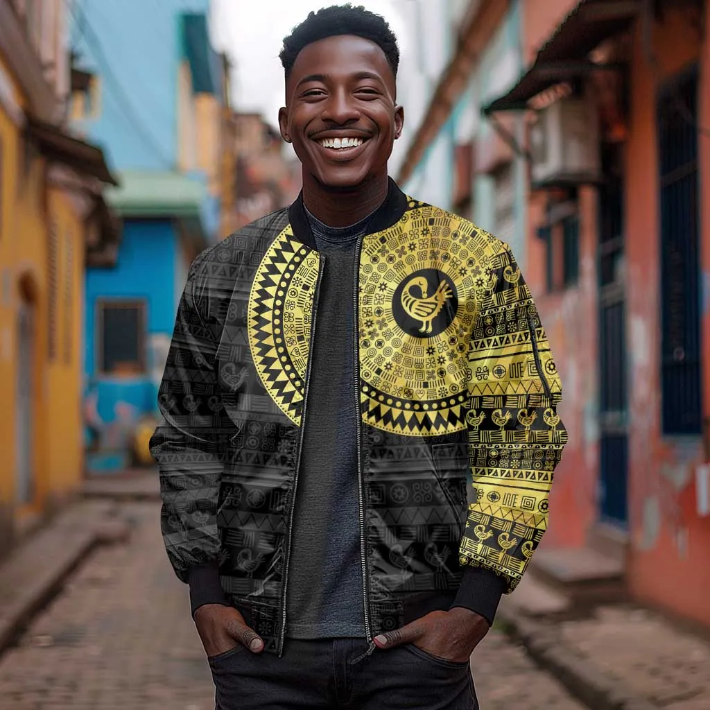 African Adinkra Sleeve Zip Bomber Jacket Sankofa Bird - Gold Version - Chest Arm Tattoo LT15