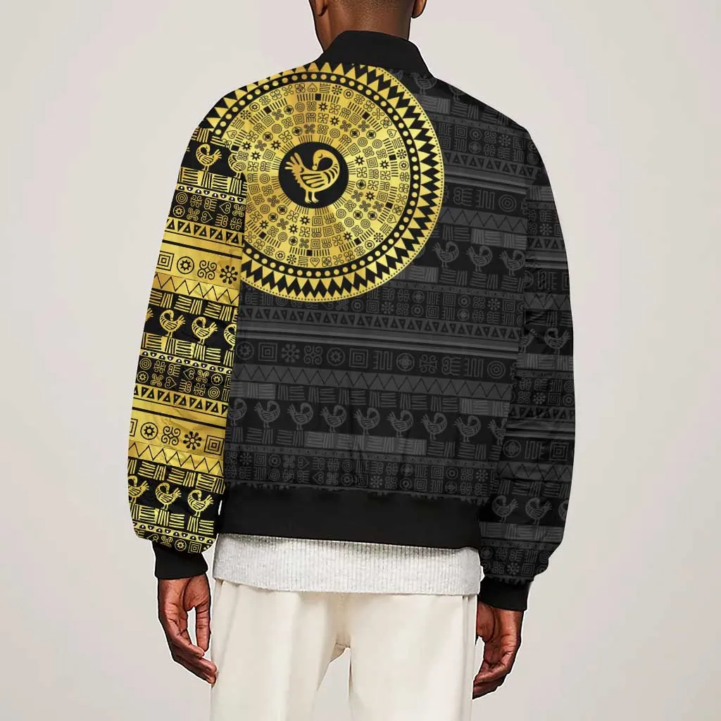 African Adinkra Sleeve Zip Bomber Jacket Sankofa Bird - Gold Version - Chest Arm Tattoo LT15