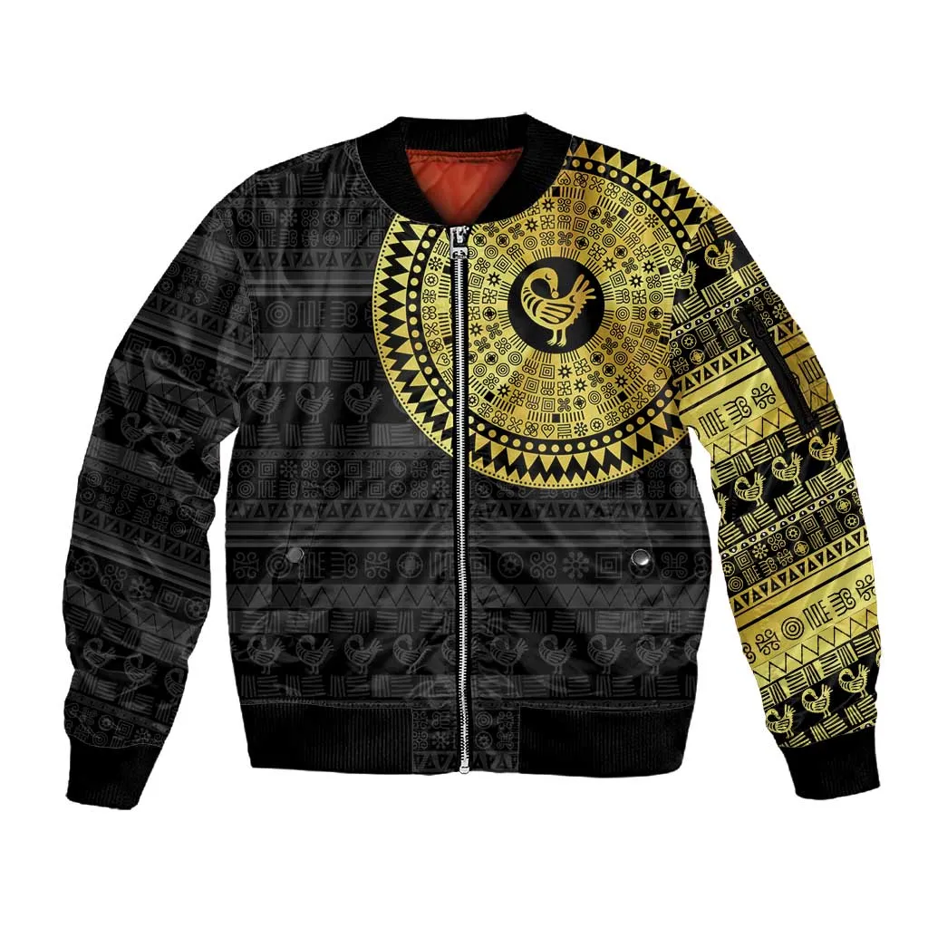 African Adinkra Sleeve Zip Bomber Jacket Sankofa Bird - Gold Version - Chest Arm Tattoo LT15