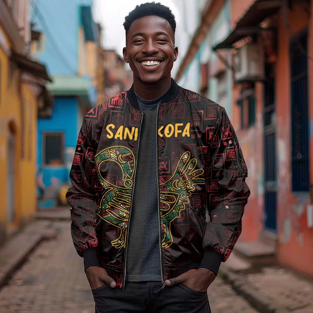 Afro-American Culture Sleeve Zip Bomber Jacket Adinkra Sankofa Bird - Cosmic Red LT7