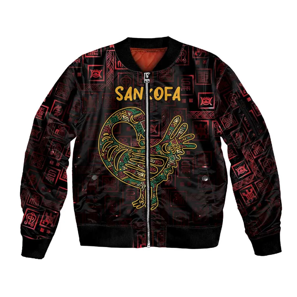 Afro-American Culture Sleeve Zip Bomber Jacket Adinkra Sankofa Bird - Cosmic Red LT7