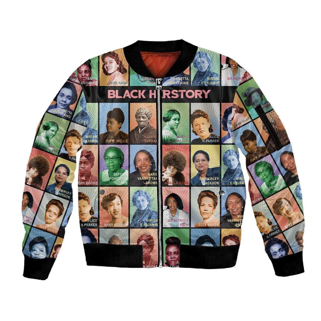 Afro Black Herstory Sleeve Zip Bomber Jacket African Women History DT03