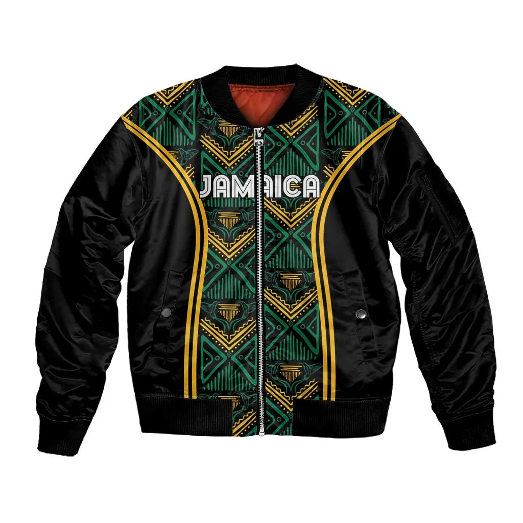 Afro-Jamaica Custom Sleeve Zip Bomber Jacket Reggae Boyz Ethnic Motifs LT7