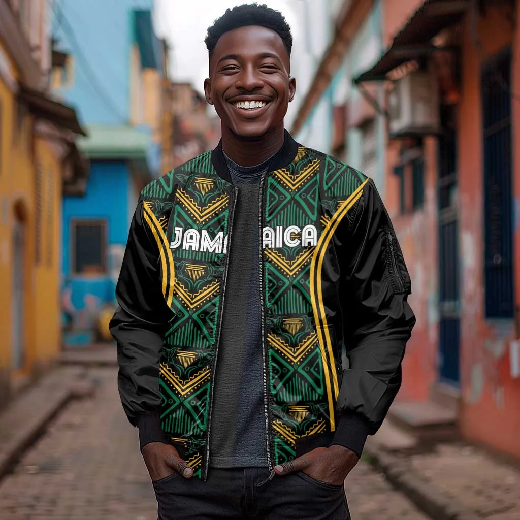 Afro-Jamaica Custom Sleeve Zip Bomber Jacket Reggae Boyz Ethnic Motifs LT7
