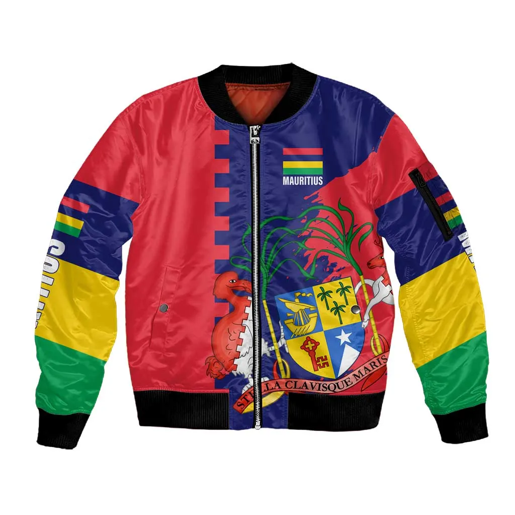 Afro Mauritius Sleeve Zip Bomber Jacket Map Design with Flag Coat of Arms TS04