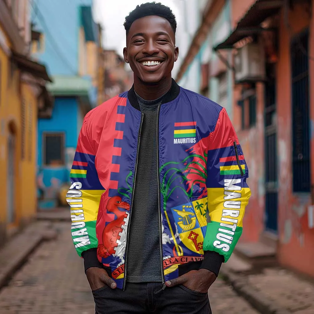 Afro Mauritius Sleeve Zip Bomber Jacket Map Design with Flag Coat of Arms TS04
