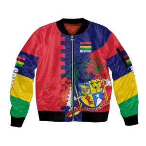 Afro Mauritius Sleeve Zip Bomber Jacket Map Design with Flag Coat of Arms TS04