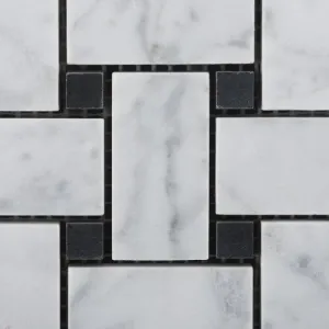 Bianco Carrara White Marble Polished Basketweave Mosaic Tile with Black Dots - Box of 5 sq. ft.