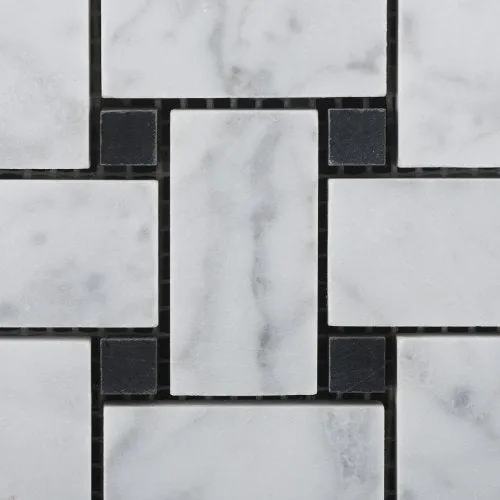 Bianco Carrara White Marble Polished Basketweave Mosaic Tile with Black Dots - Box of 5 sq. ft.