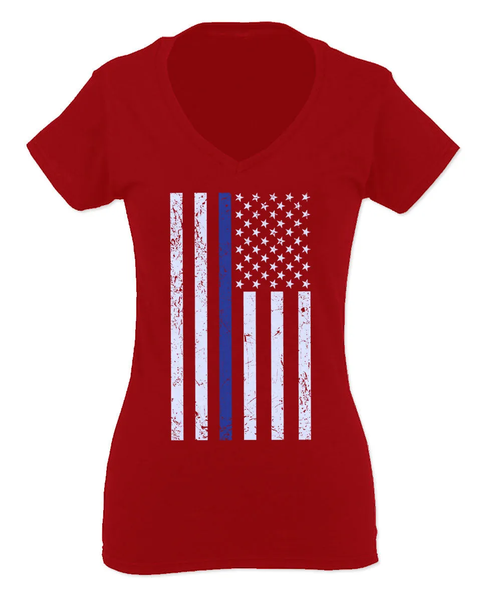 Big Flag USA American Police Support Blue Lives Matter Thin Line For Women V neck fitted T Shirt