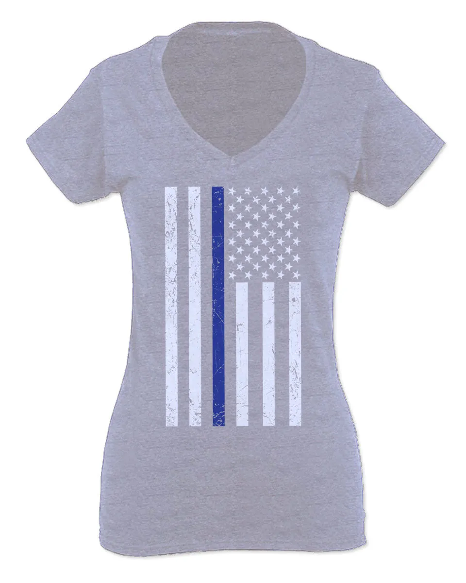 Big Flag USA American Police Support Blue Lives Matter Thin Line For Women V neck fitted T Shirt