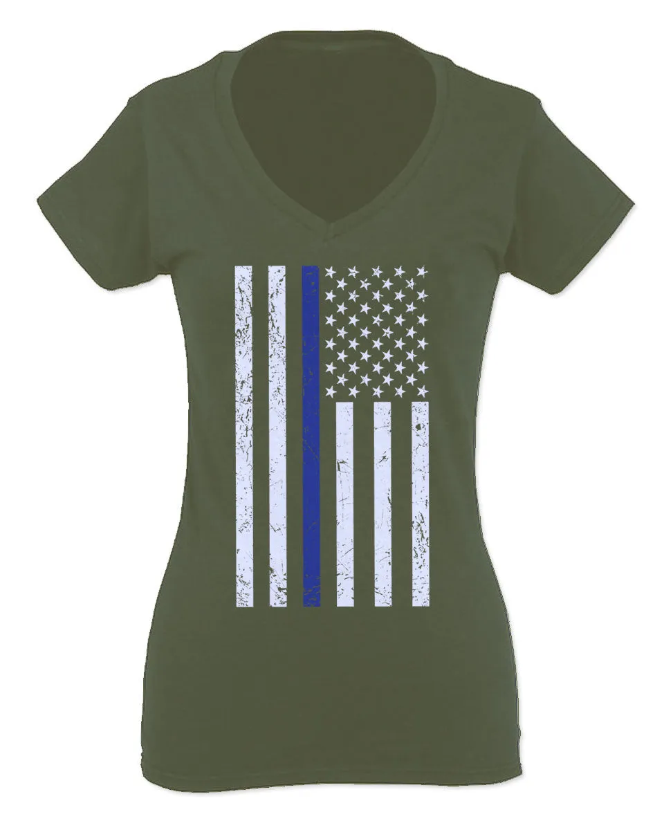 Big Flag USA American Police Support Blue Lives Matter Thin Line For Women V neck fitted T Shirt