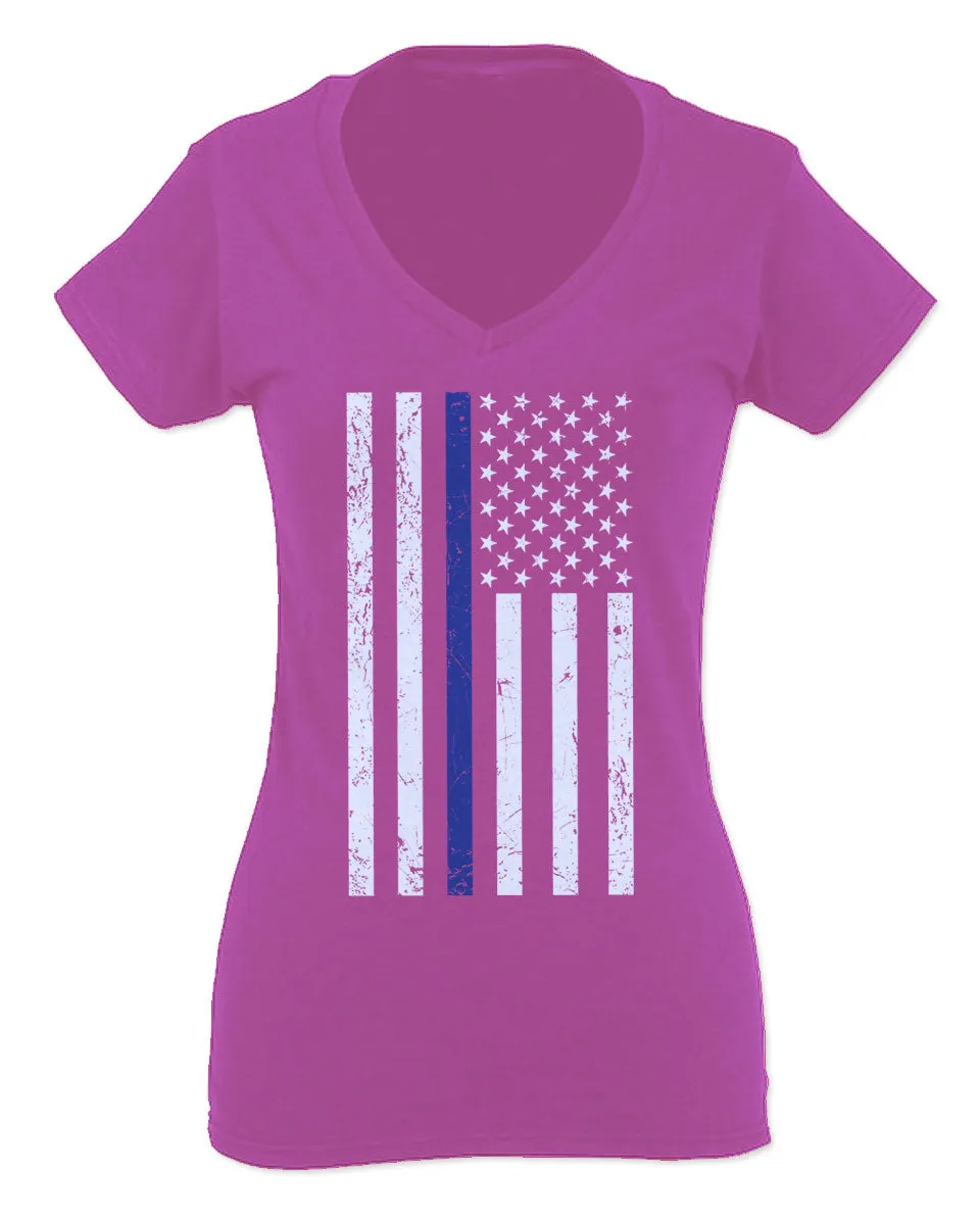 Big Flag USA American Police Support Blue Lives Matter Thin Line For Women V neck fitted T Shirt
