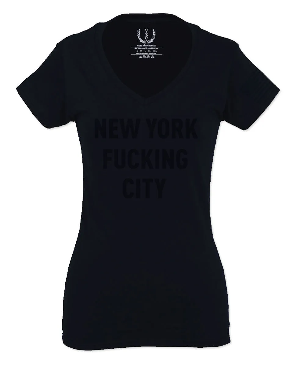 Black Fonts New York Fucking City NYC American Flag America Cool Street For Women V neck fitted T Shirt