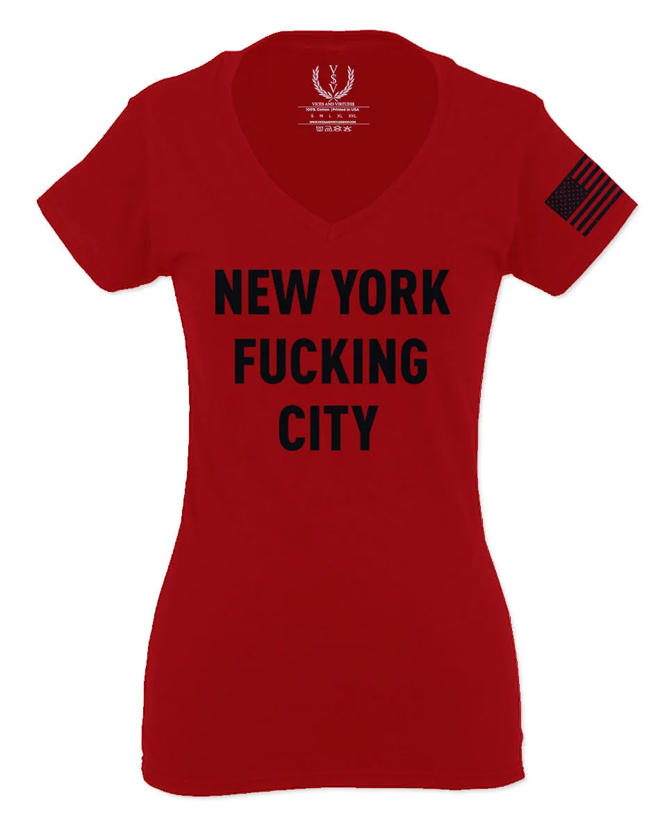 Black Fonts New York Fucking City NYC American Flag America Cool Street For Women V neck fitted T Shirt