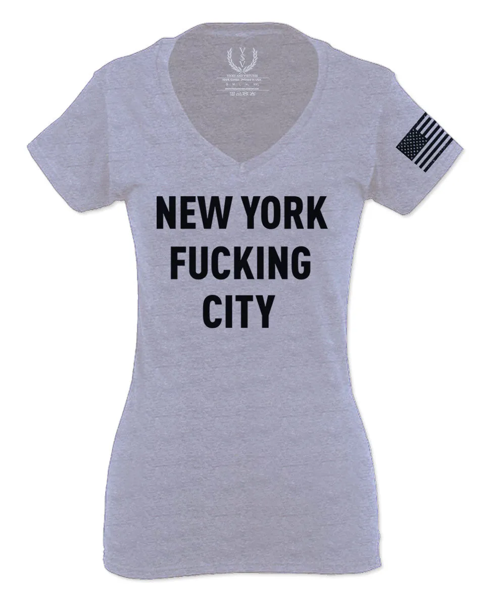 Black Fonts New York Fucking City NYC American Flag America Cool Street For Women V neck fitted T Shirt