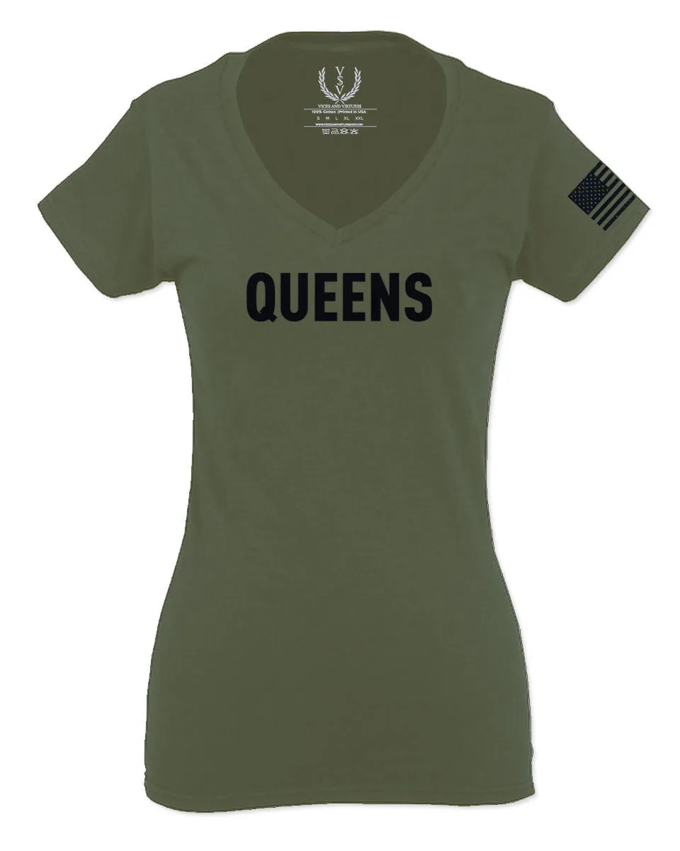 Black Fonts New York Queen NYC Cool City American For Women V neck fitted T Shirt