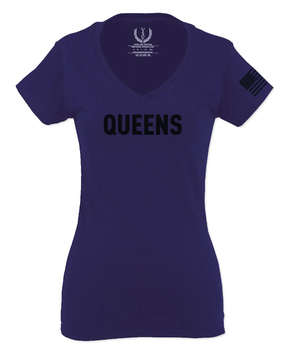 Black Fonts New York Queen NYC Cool City American For Women V neck fitted T Shirt