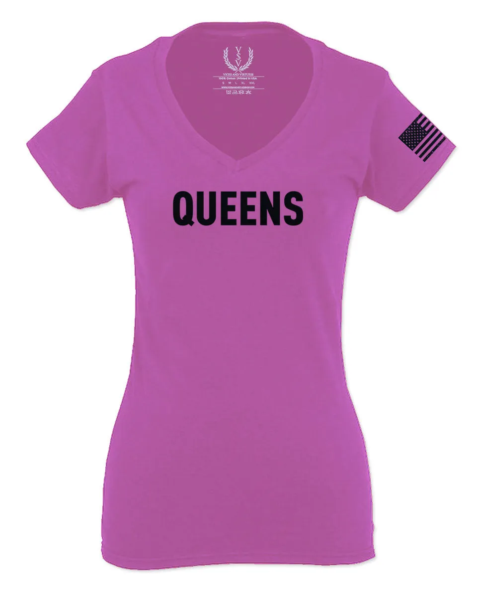 Black Fonts New York Queen NYC Cool City American For Women V neck fitted T Shirt