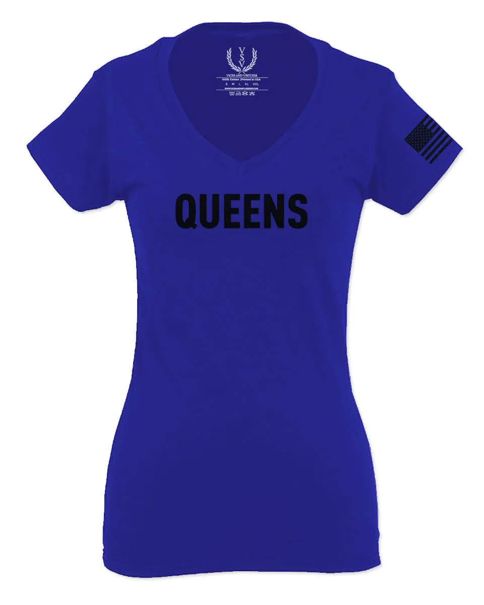 Black Fonts New York Queen NYC Cool City American For Women V neck fitted T Shirt