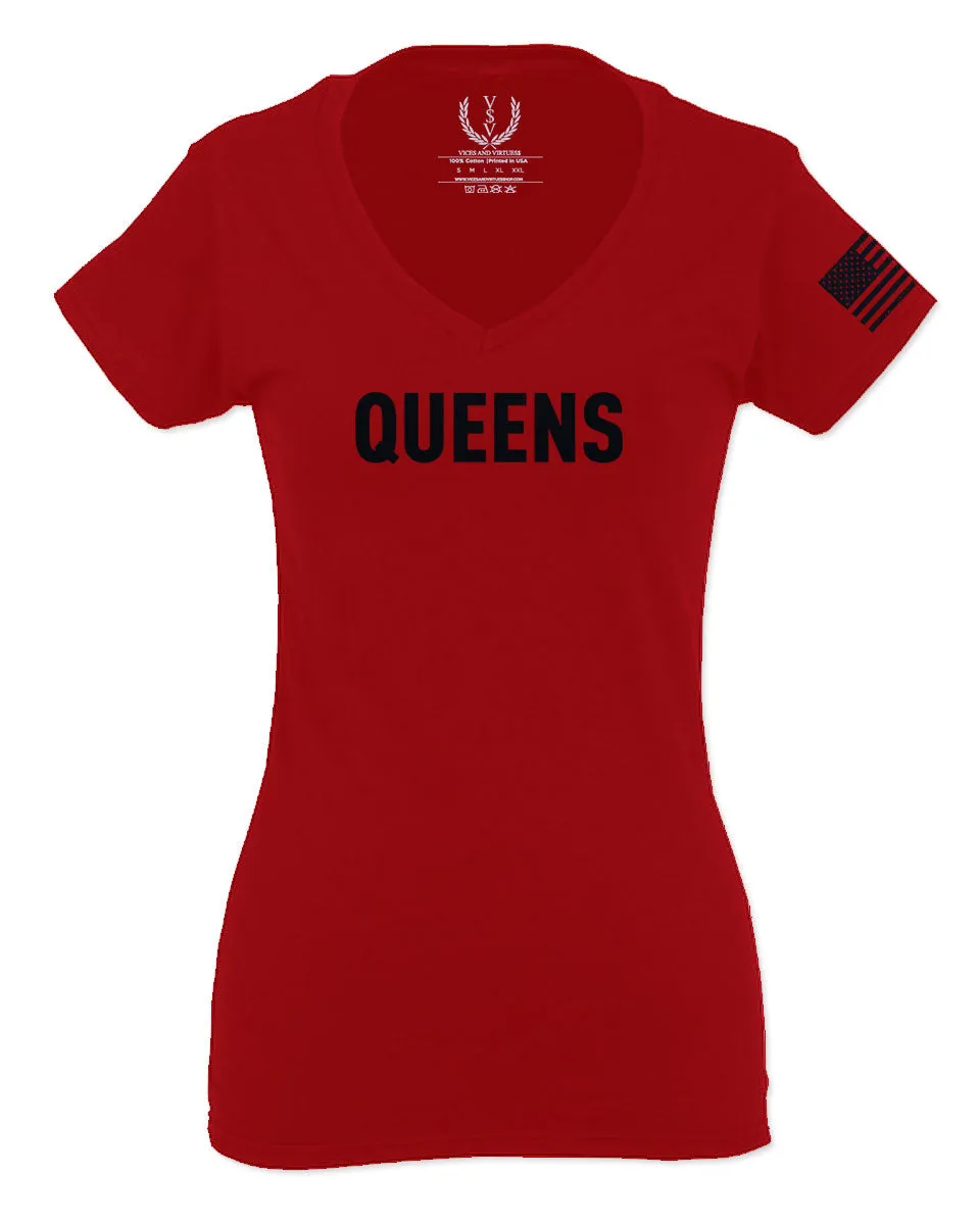 Black Fonts New York Queen NYC Cool City American For Women V neck fitted T Shirt