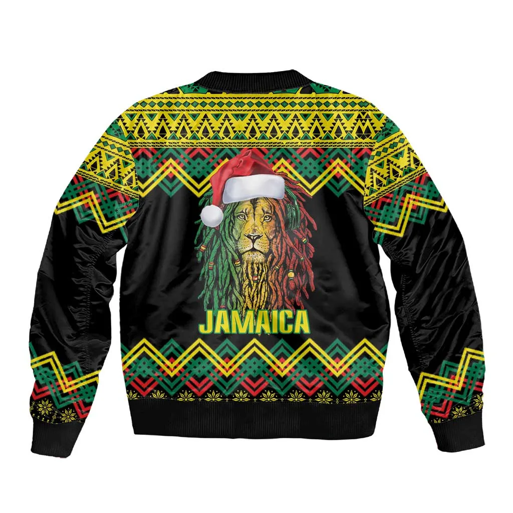 Black Jamaican Christmas Sleeve Zip Bomber Jacket Reggae Lion With Kente Pattern LT18